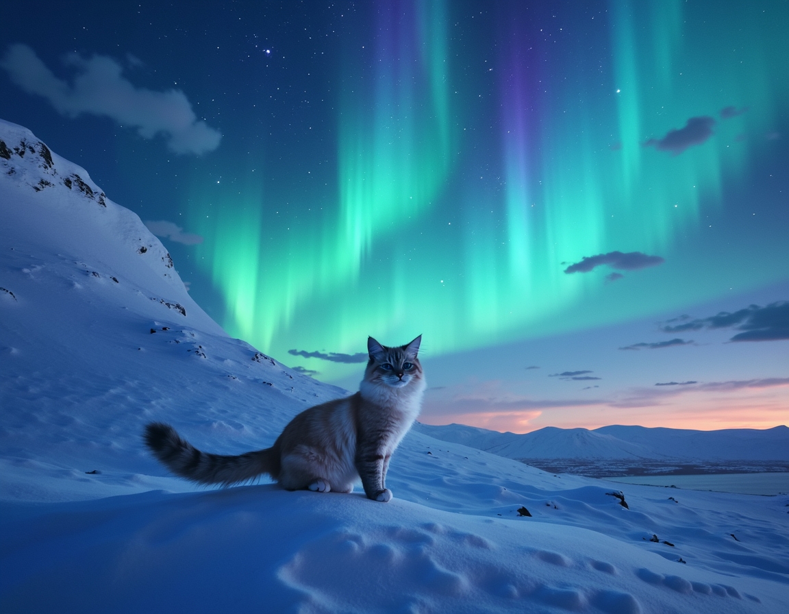Cat watches in awe as the Northern Lights light up the night sky, casting vibrant colors across the snowy landscape, creating a surreal and magical winter adventure.